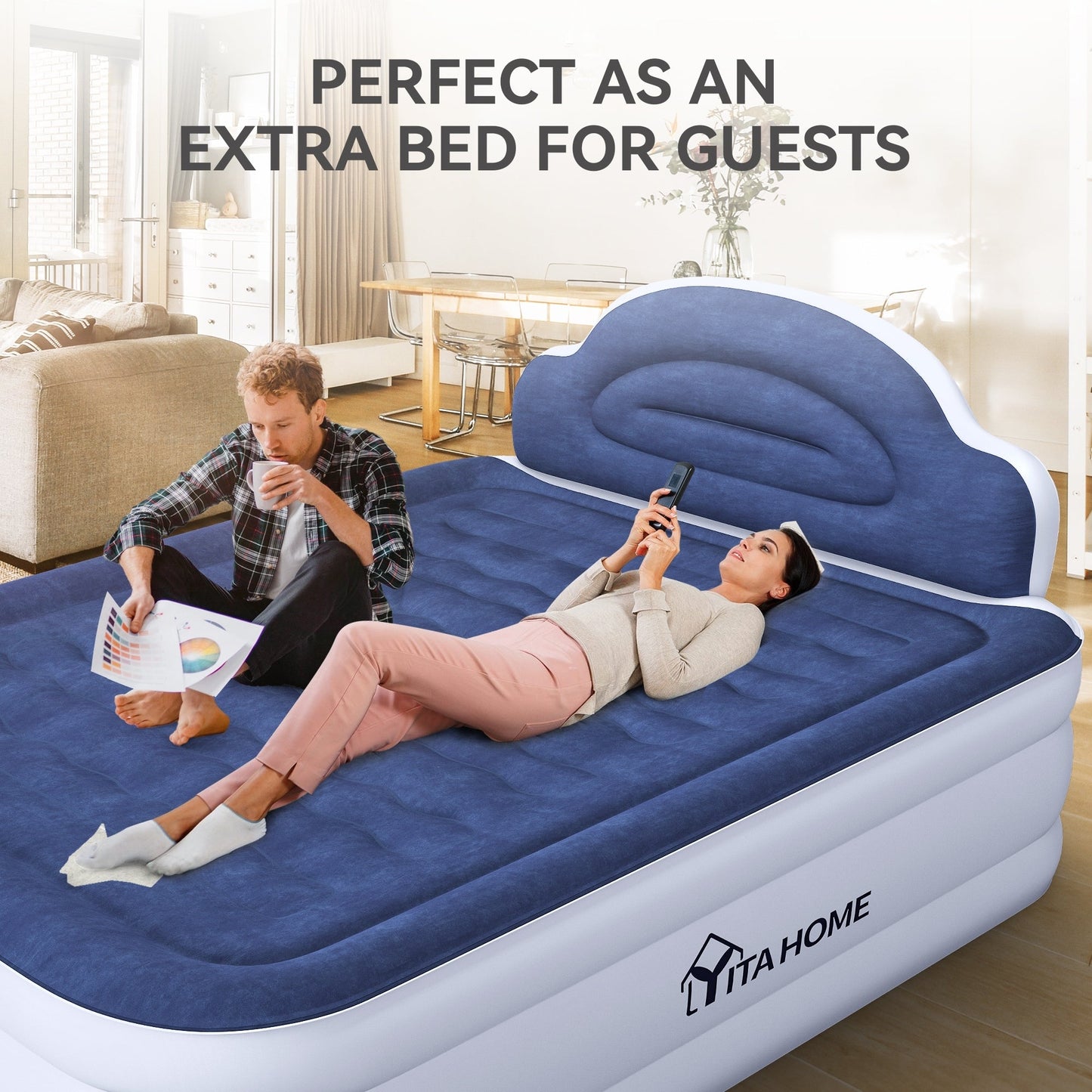 Materasso gonfiabile a forma di nuvola con cavo di alimentazione integrato, pompa fissa e testiera gonfiabile