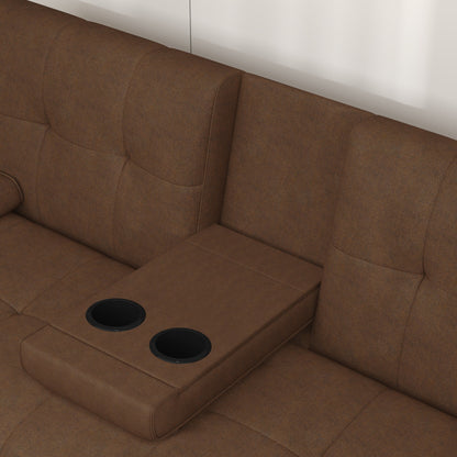 Divano letto imbottito color caffè con portabicchieri