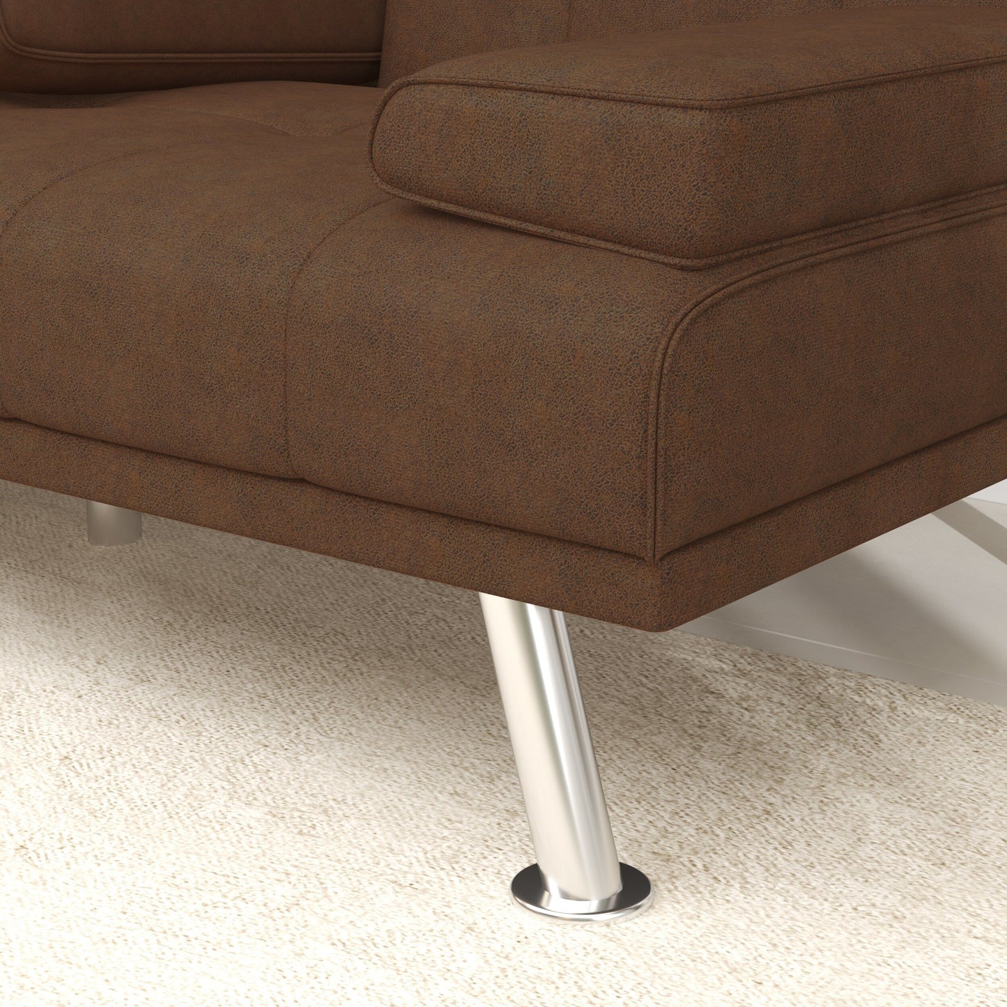 Divano letto imbottito color caffè con portabicchieri