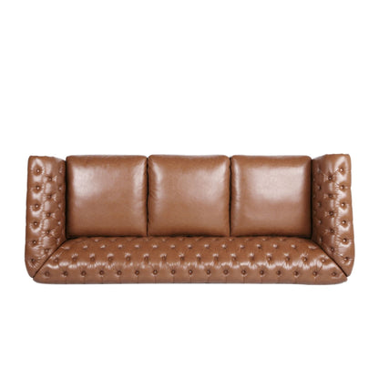 Divano Chesterfield Cognac 84.75 imbottito con bottoni, 3 posti, borchie e gambe in legno per soggiorno