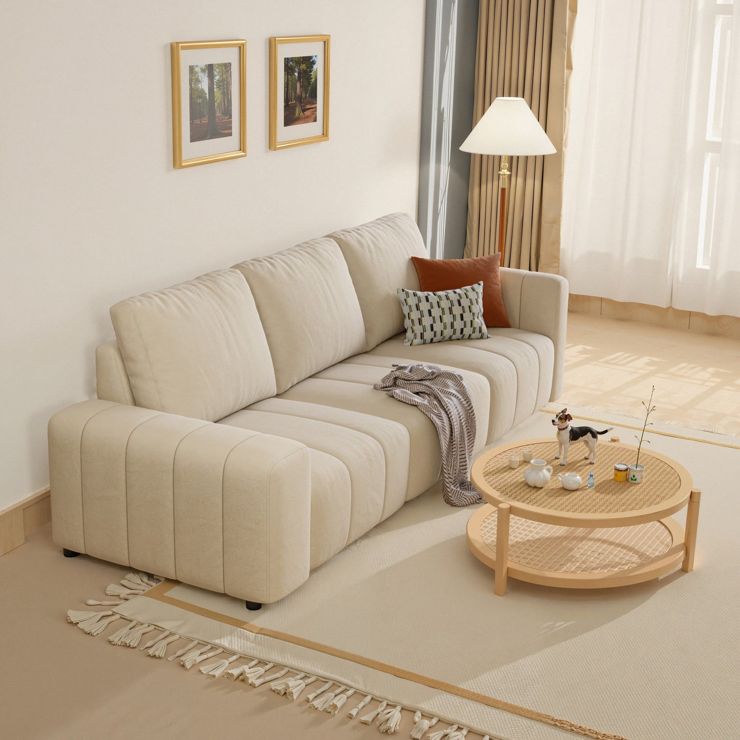 Divano combinato a tre posti, materiale antigraffio per gatti, braccioli alti e bassi, design Bacta Style beige