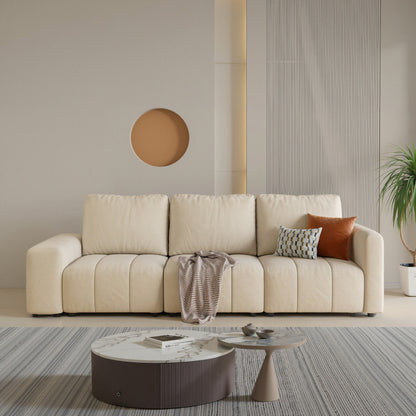 Divano combinato a tre posti, materiale antigraffio per gatti, braccioli alti e bassi, design Bacta Style beige