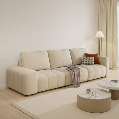 Divano combinato a tre posti, materiale antigraffio per gatti, braccioli alti e bassi, design Bacta Style beige