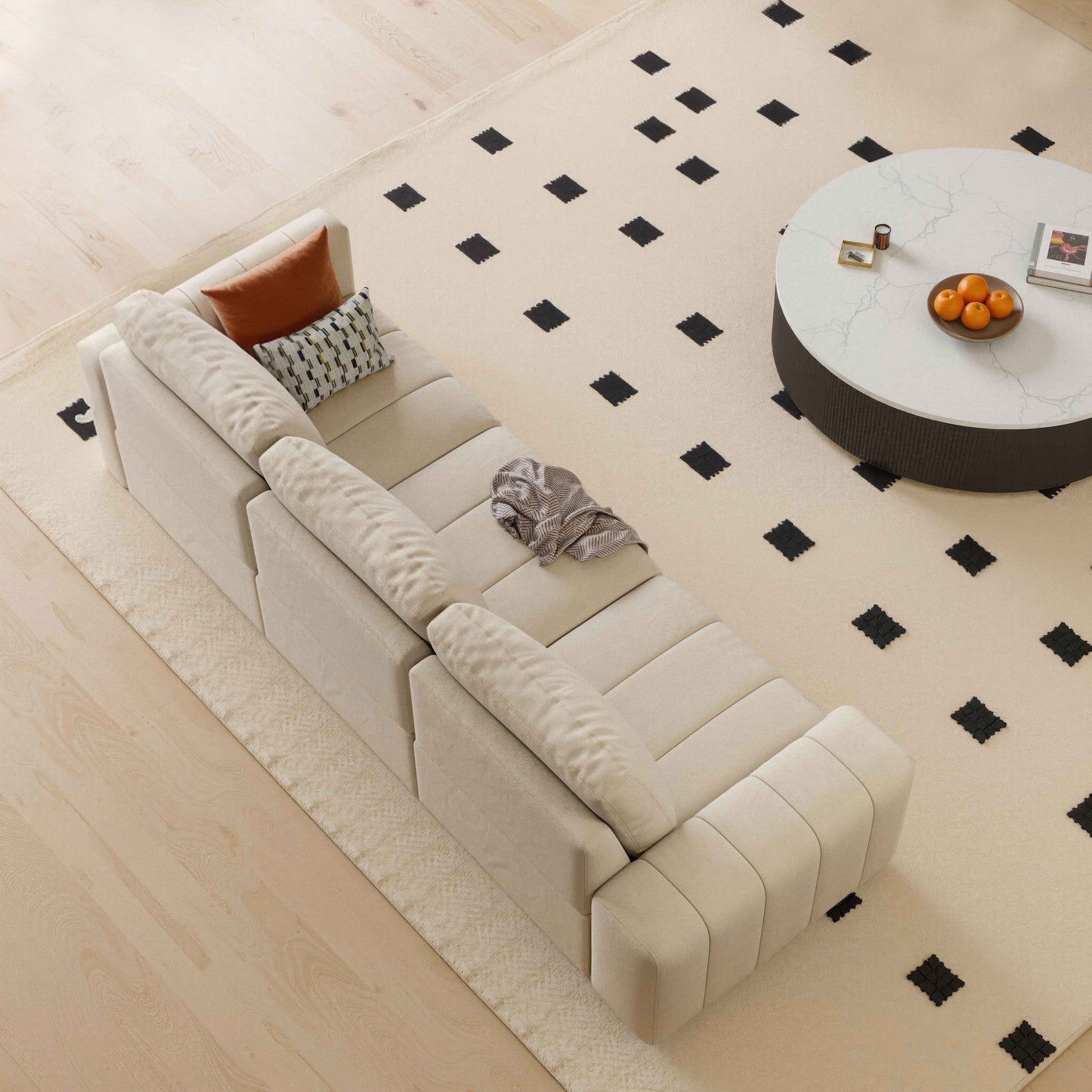 Divano combinato a tre posti, materiale antigraffio per gatti, braccioli alti e bassi, design Bacta Style beige