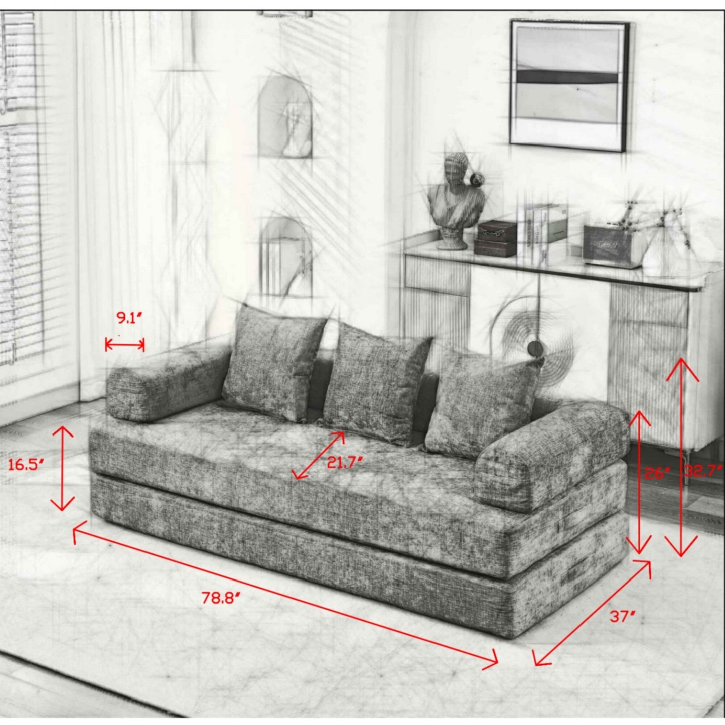Comodo divano letto pieghevole trasformabile, divano letto da terra, divano da terra in ciniglia con braccioli, divano da terra