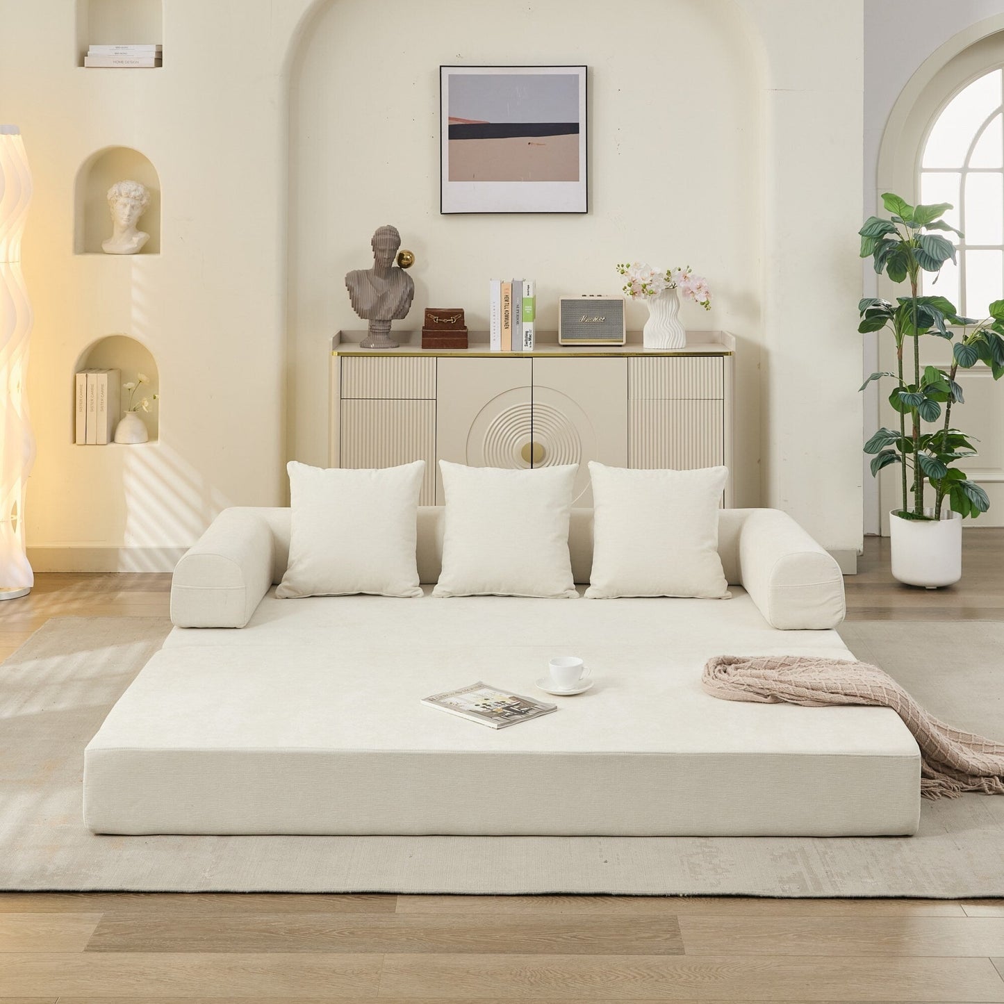 Comodo divano letto pieghevole trasformabile, divano letto da terra, divano da terra in ciniglia con braccioli, divano da terra