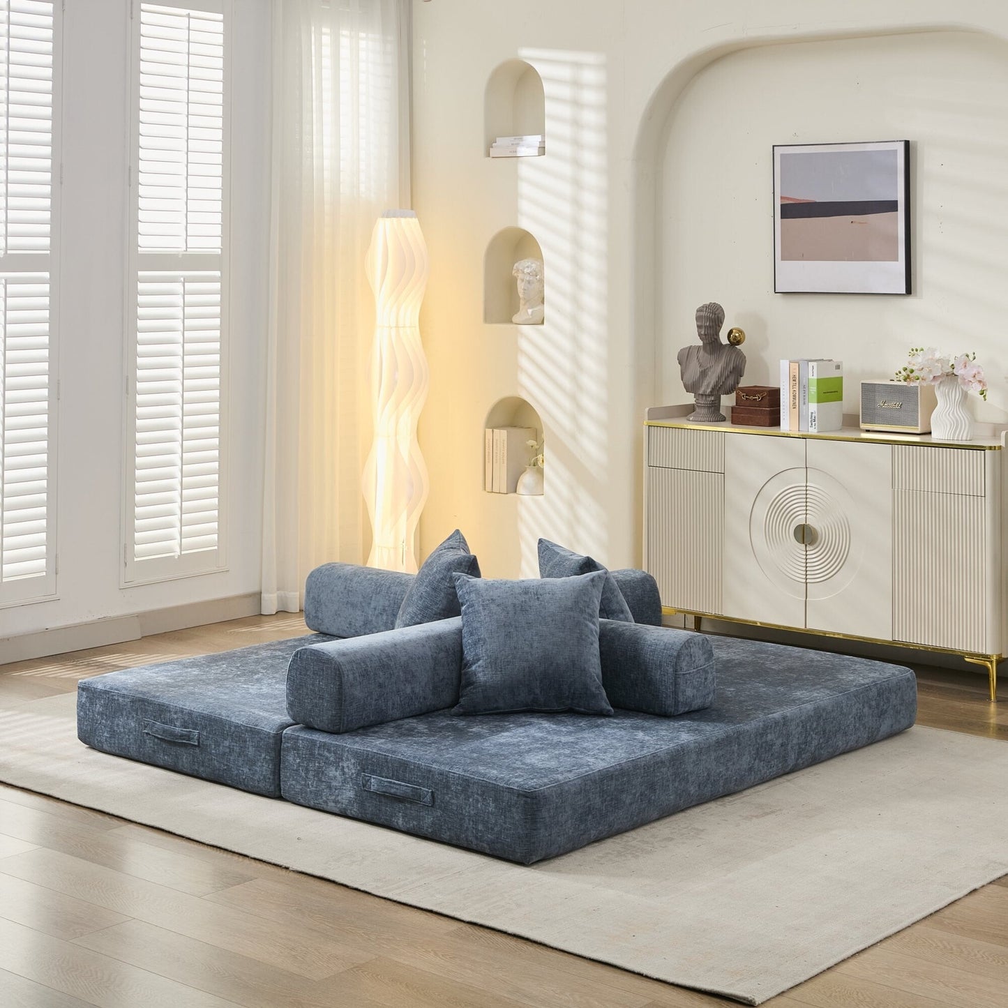 Comodo divano letto pieghevole trasformabile, divano letto da terra, divano da terra in ciniglia con braccioli, divano da terra