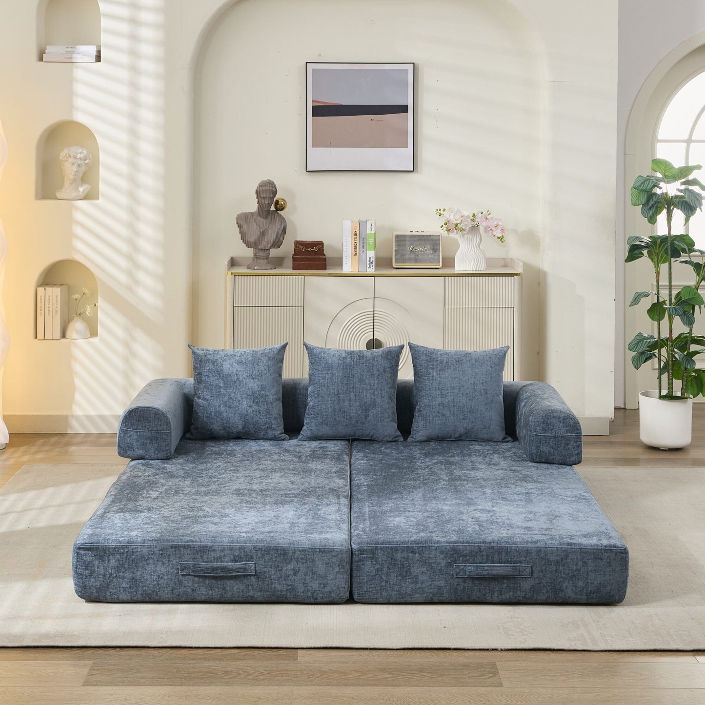 Comodo divano letto pieghevole trasformabile, divano letto da terra, divano da terra in ciniglia con braccioli, divano da terra