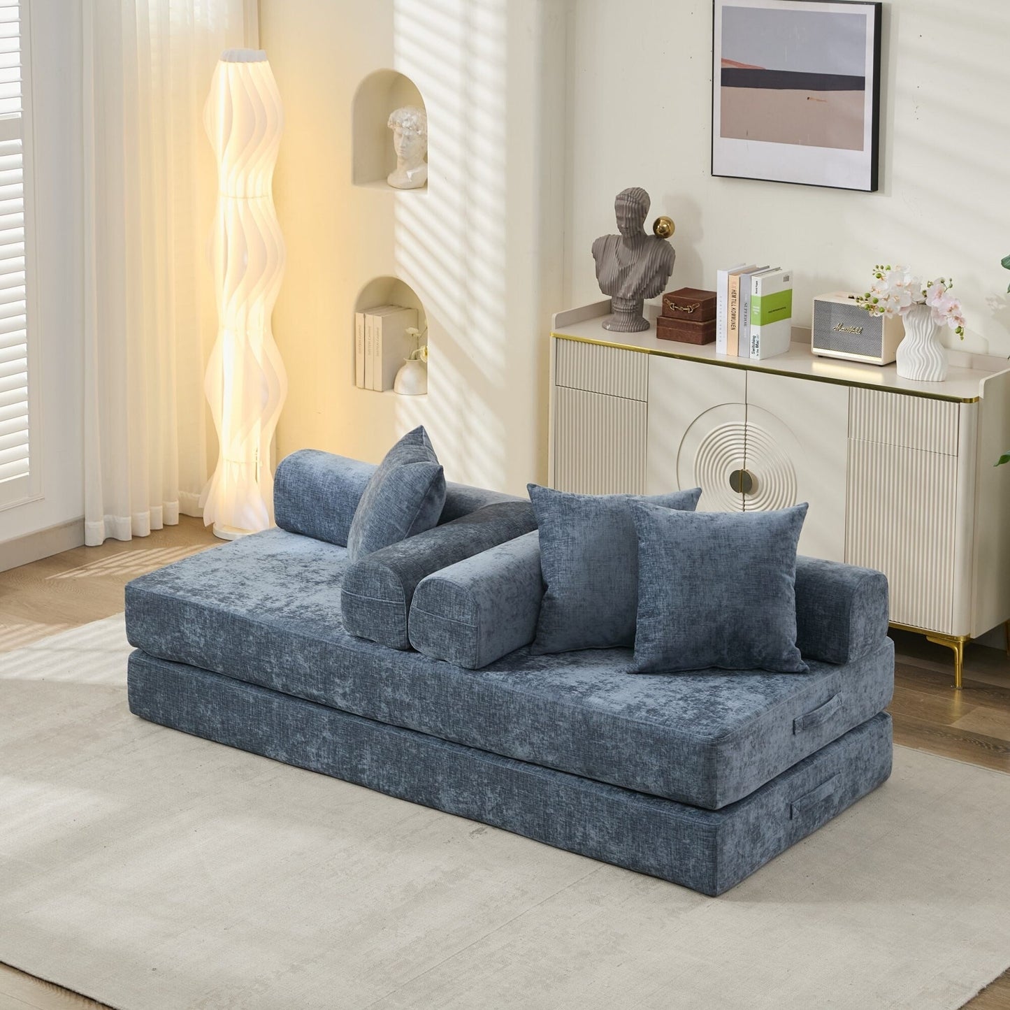 Comodo divano letto pieghevole trasformabile, divano letto da terra, divano da terra in ciniglia con braccioli, divano da terra