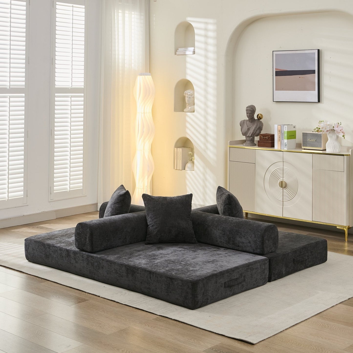 Comodo divano letto pieghevole trasformabile, divano letto da terra, divano da terra in ciniglia con braccioli, divano da terra