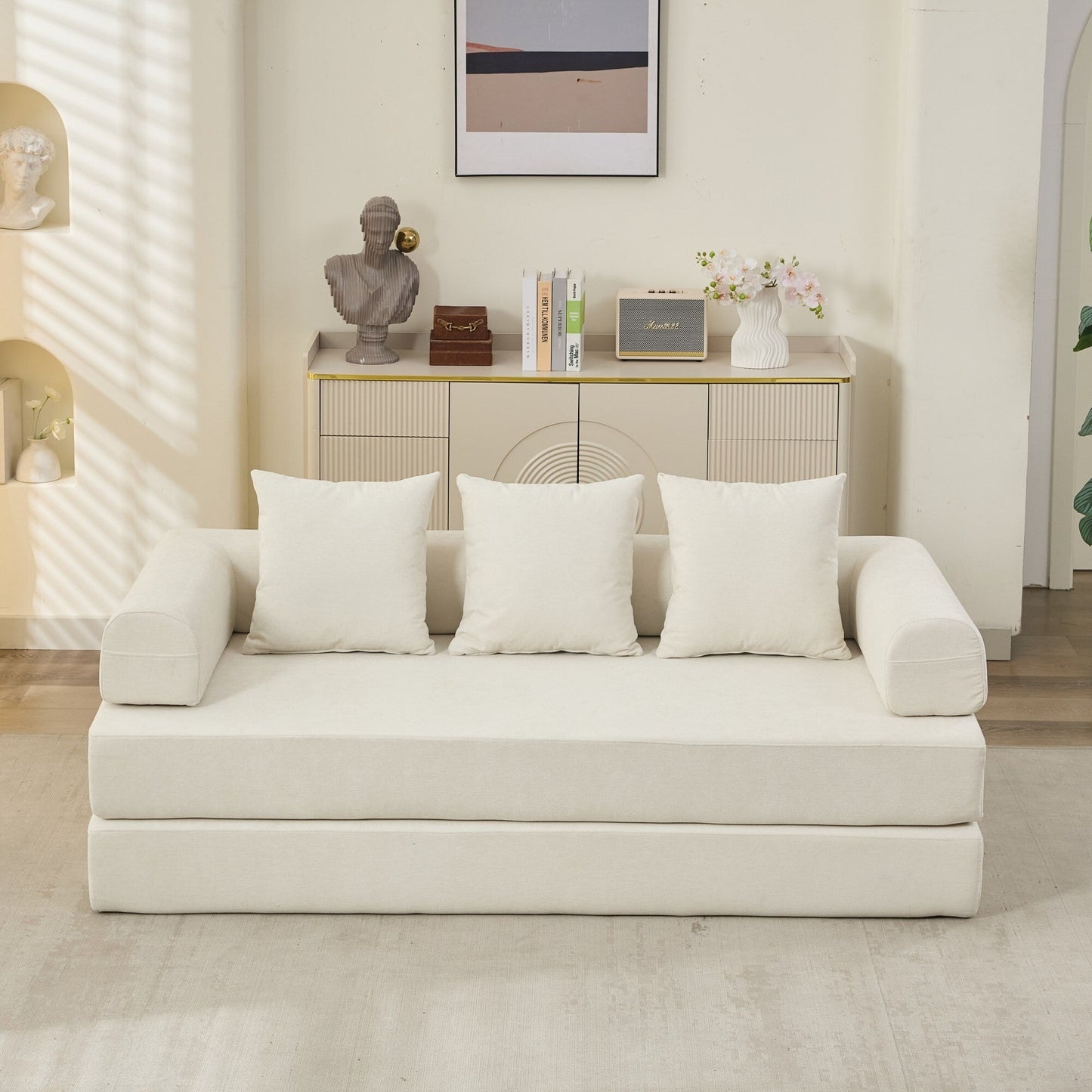 Comodo divano letto pieghevole trasformabile, divano letto da terra, divano da terra in ciniglia con braccioli, divano da terra