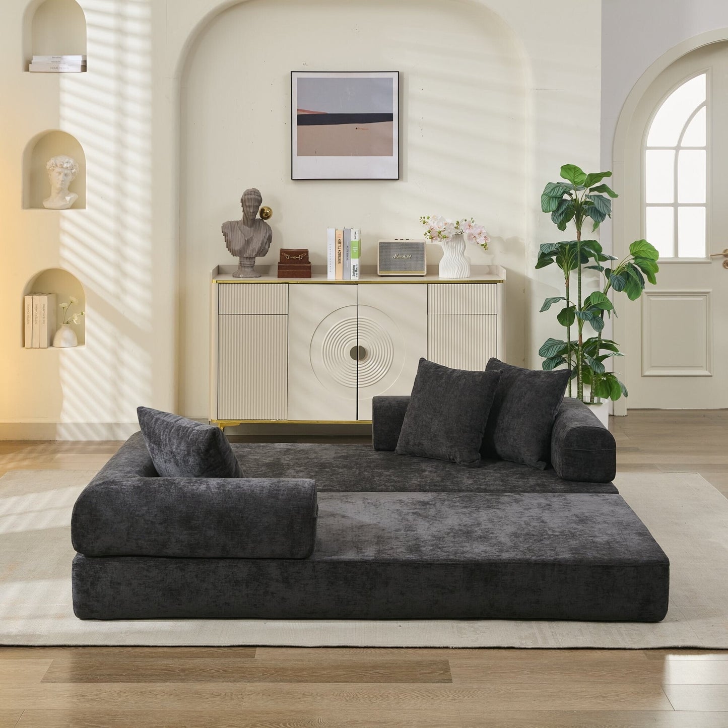 Comodo divano letto pieghevole trasformabile, divano letto da terra, divano da terra in ciniglia con braccioli, divano da terra