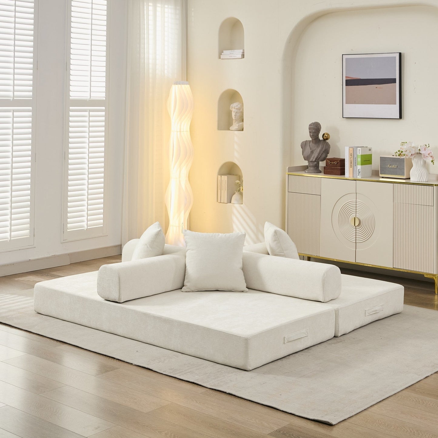 Comodo divano letto pieghevole trasformabile, divano letto da terra, divano da terra in ciniglia con braccioli, divano da terra