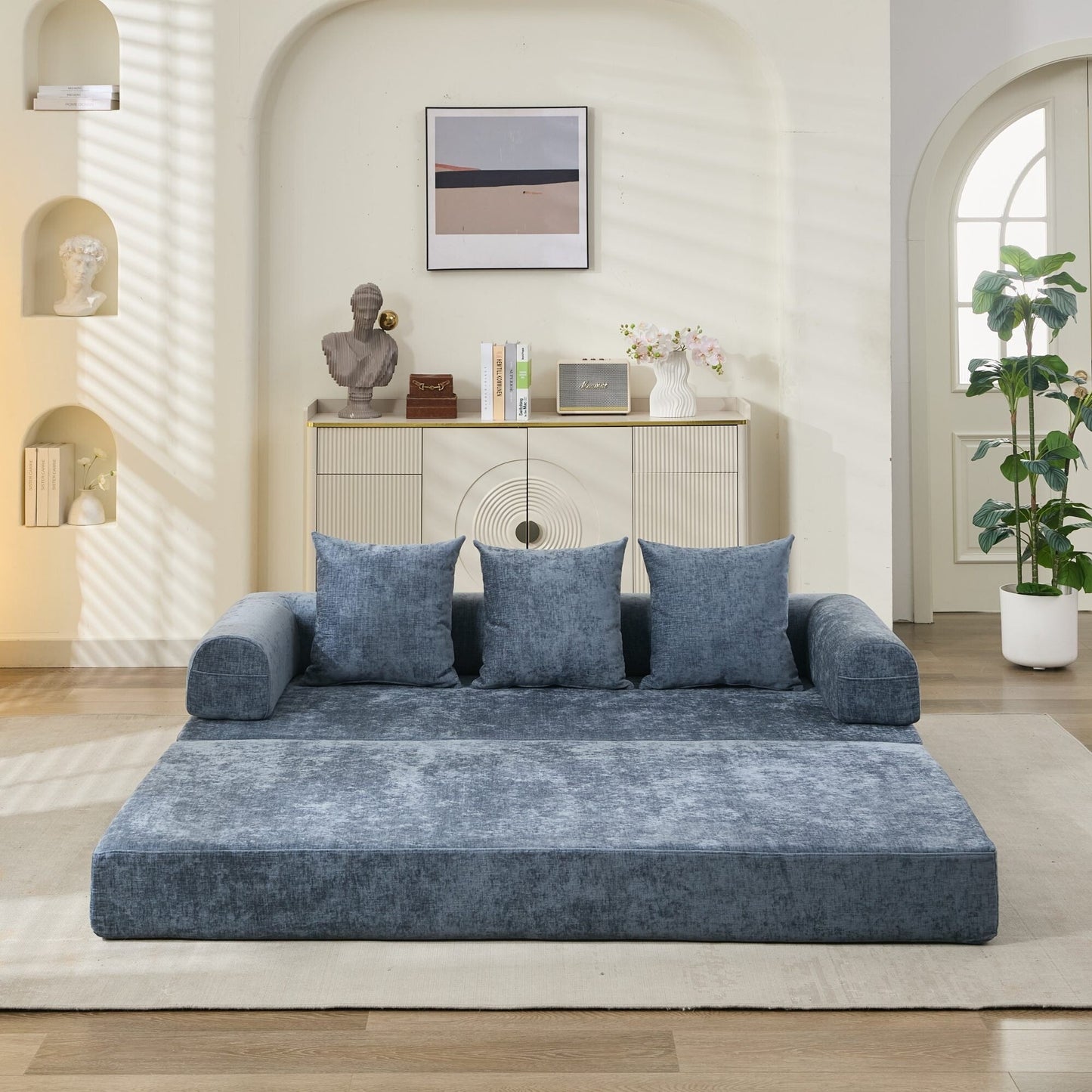 Comodo divano letto pieghevole trasformabile, divano letto da terra, divano da terra in ciniglia con braccioli, divano da terra