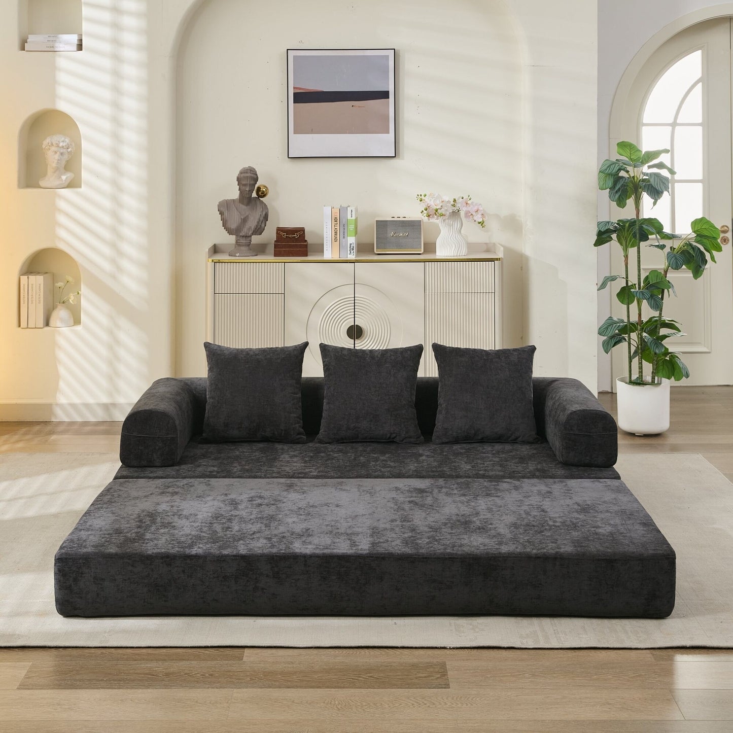 Divano letto pieghevole e trasformabile, comodo divano letto da terra, divano da terra in ciniglia con braccioli, divano da terra