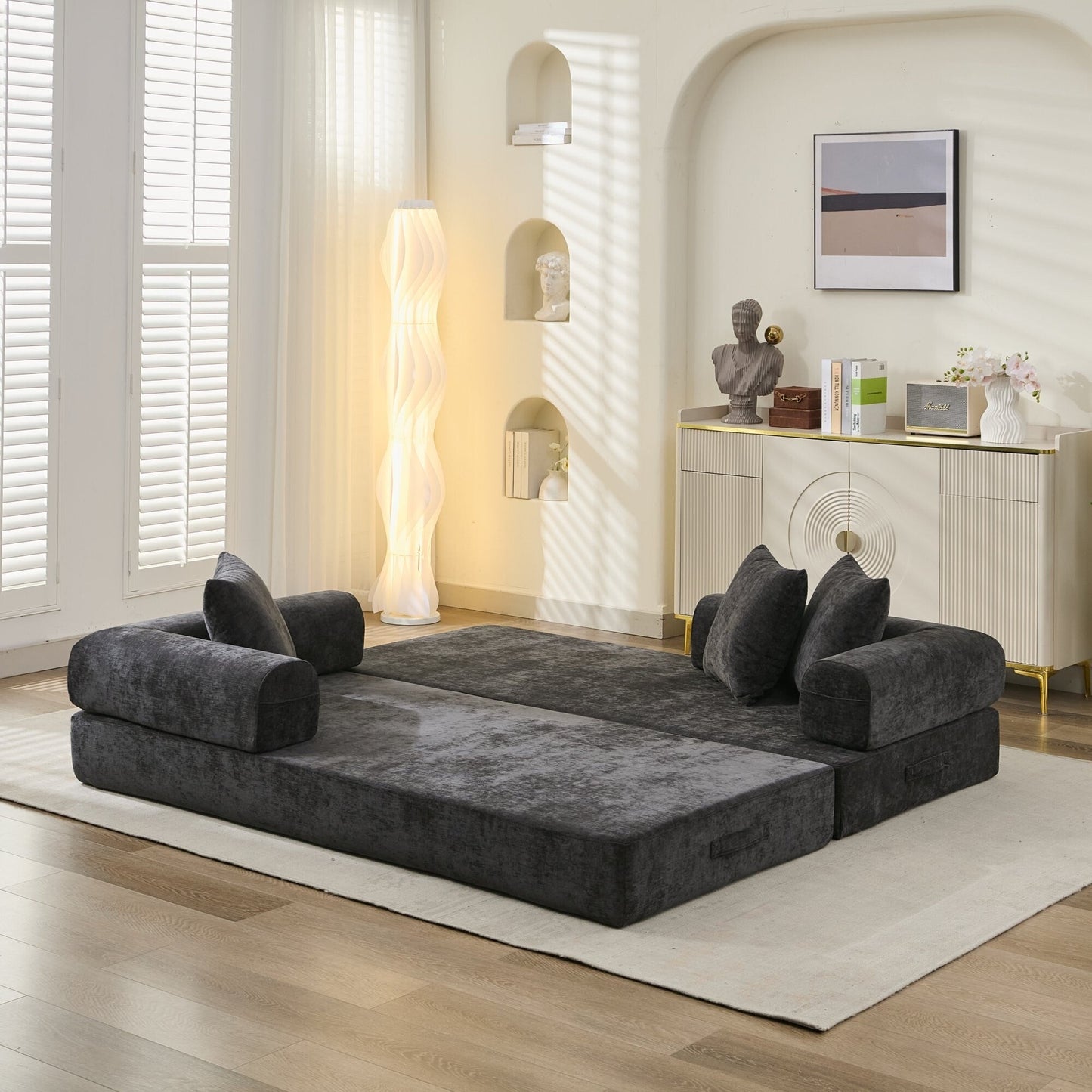 Divano letto pieghevole e trasformabile, comodo divano letto da terra, divano da terra in ciniglia con braccioli, divano da terra