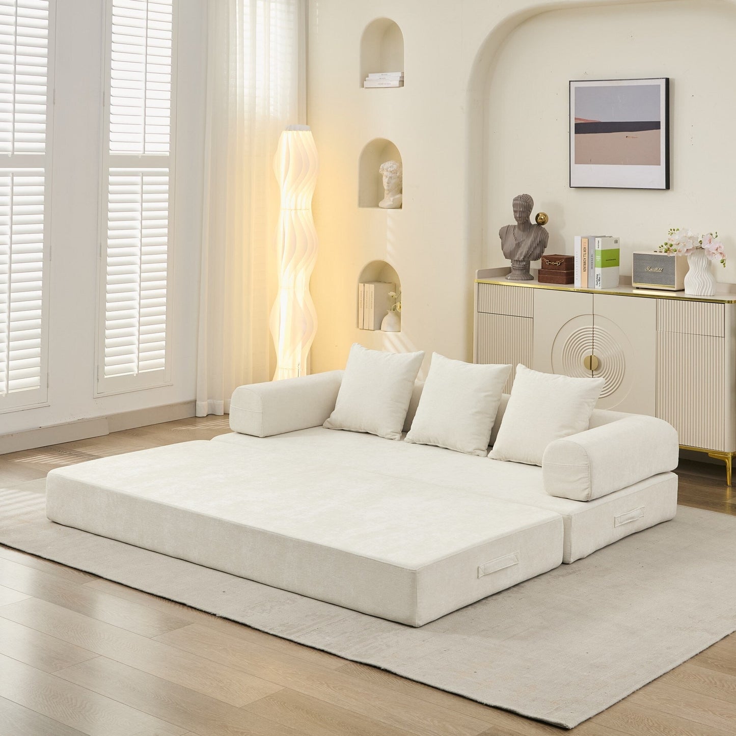 Divano letto pieghevole e trasformabile, comodo divano letto da terra, divano da terra in ciniglia con braccioli, divano da terra