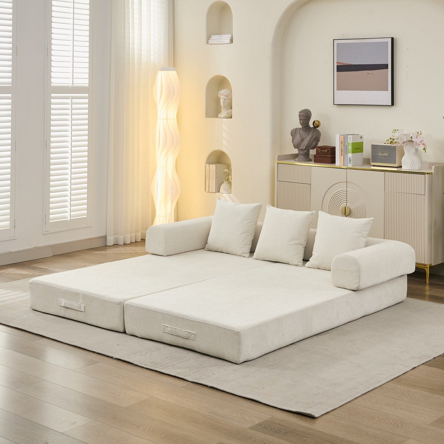 Divano letto pieghevole e trasformabile, comodo divano letto da terra, divano da terra in ciniglia con braccioli, divano da terra