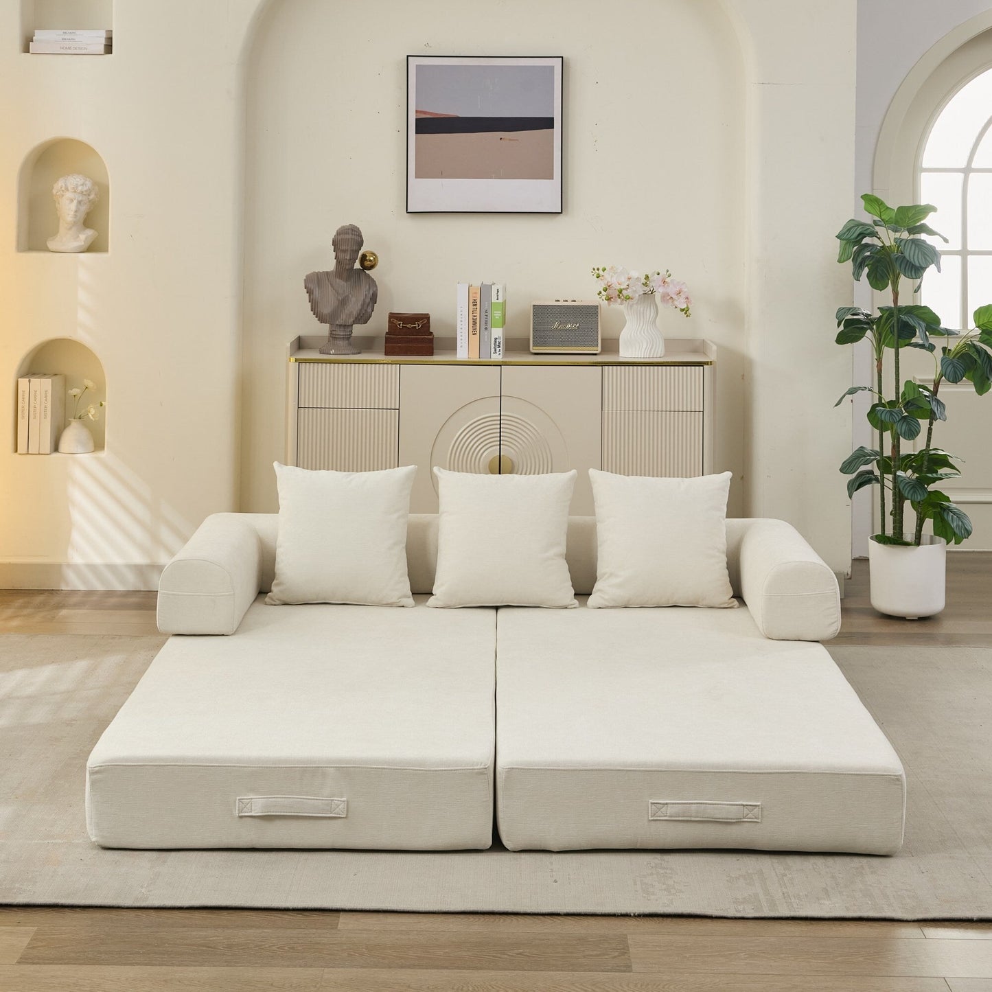 Divano letto pieghevole e trasformabile, comodo divano letto da terra, divano da terra in ciniglia con braccioli, divano da terra