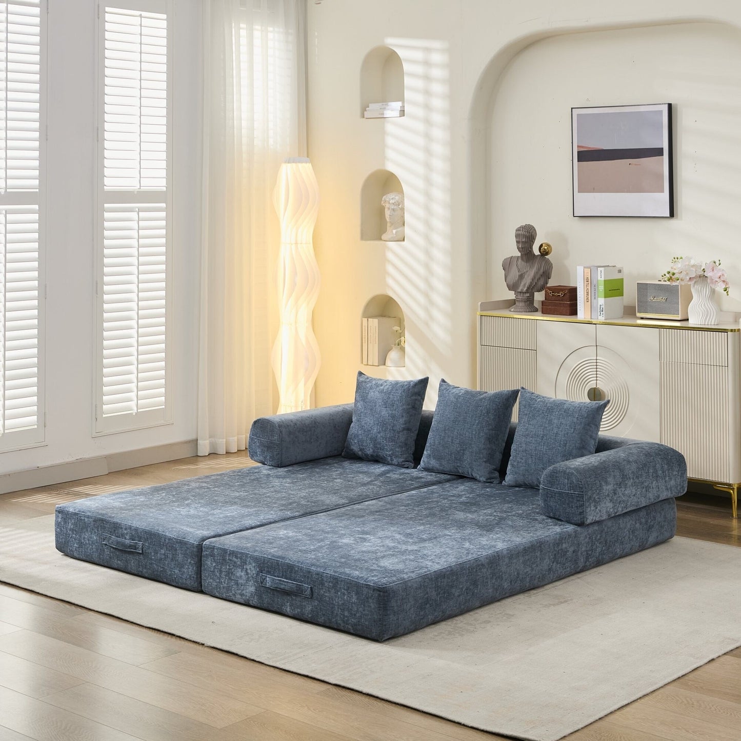 Divano letto pieghevole e trasformabile, comodo divano letto da terra, divano da terra in ciniglia con braccioli, divano da terra