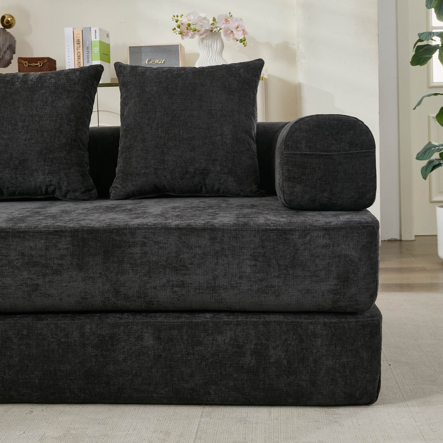 Divano letto pieghevole e trasformabile, comodo divano letto da terra, divano da terra in ciniglia con braccioli, divano da terra