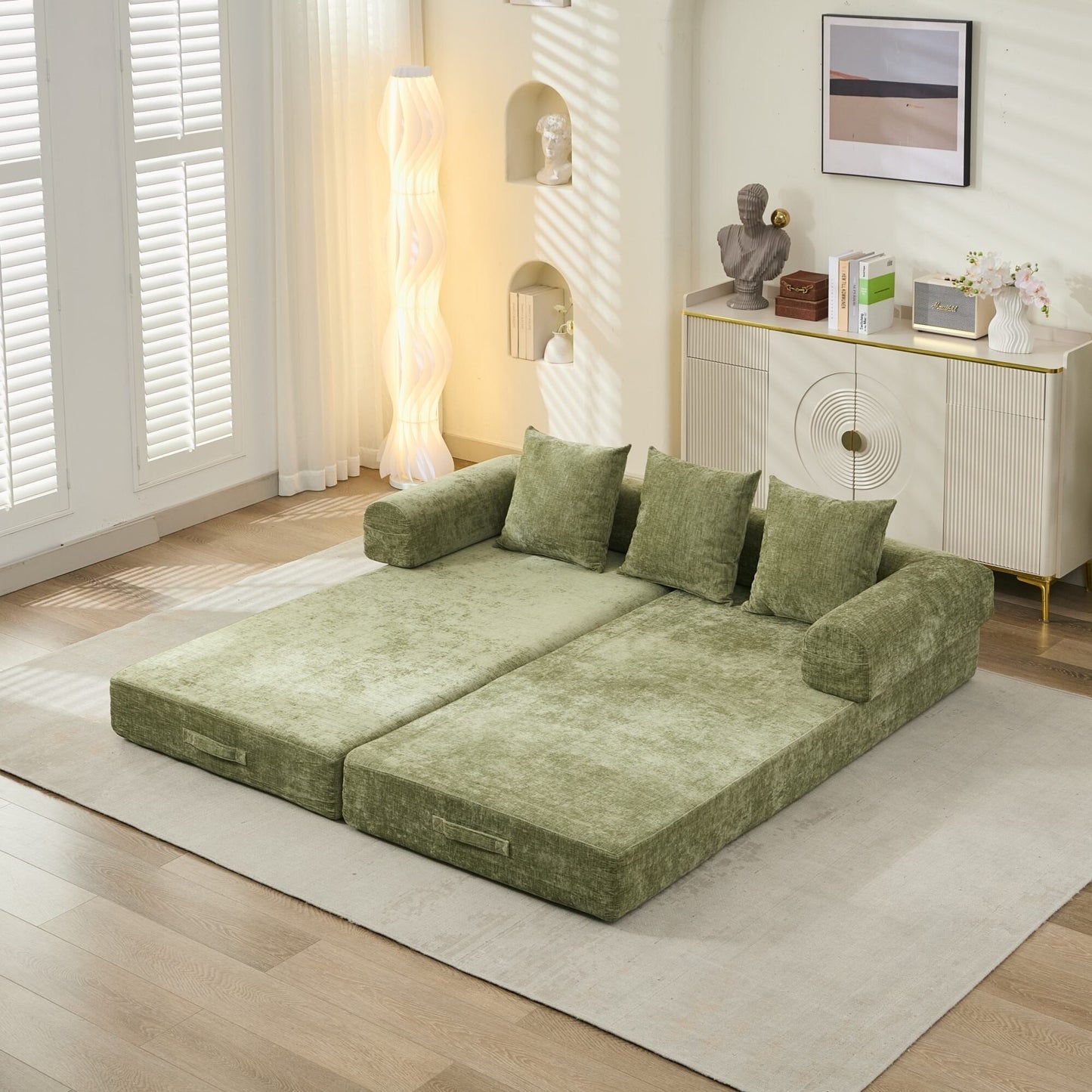 Divano letto pieghevole e trasformabile, comodo divano letto da terra, divano da terra in ciniglia con braccioli, divano da terra