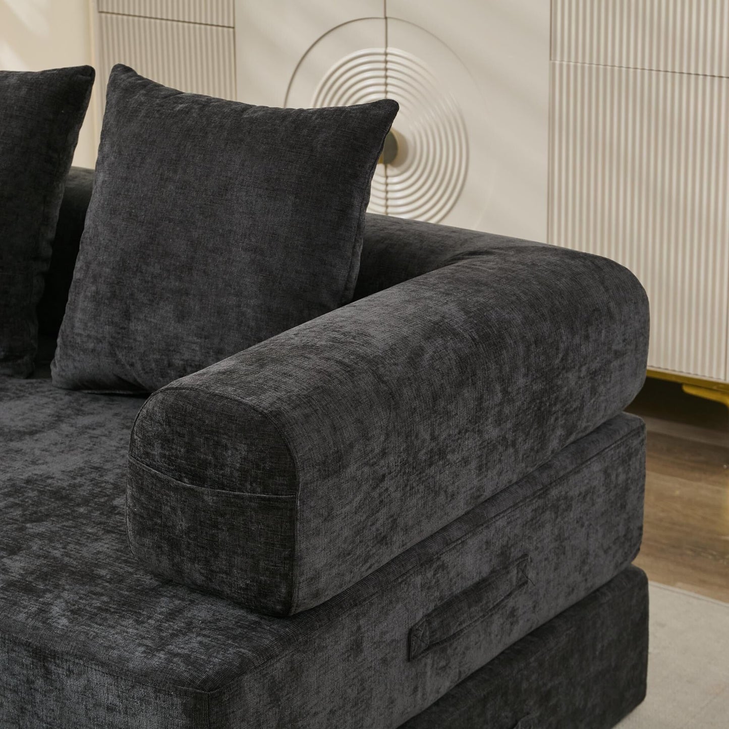 Divano letto pieghevole e trasformabile, comodo divano letto da terra, divano da terra in ciniglia con braccioli, divano da terra