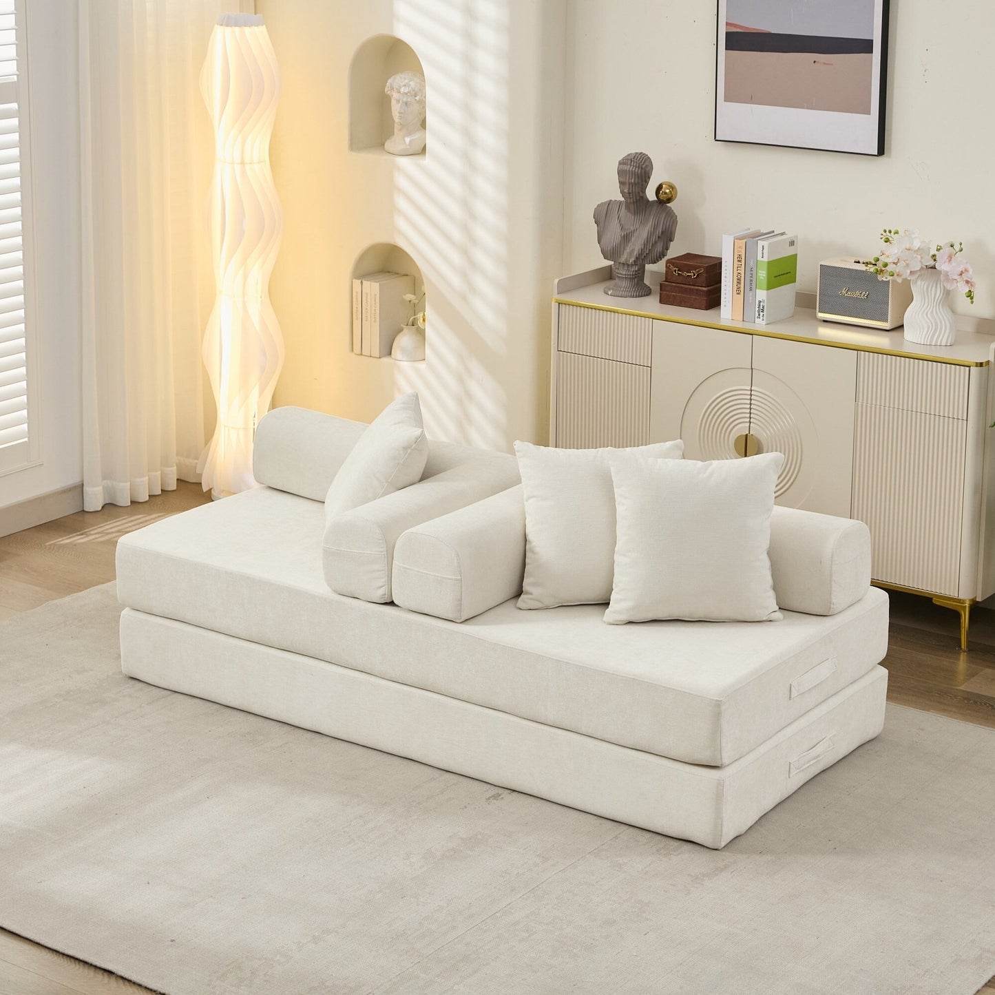 Divano letto pieghevole e trasformabile, comodo divano letto da terra, divano da terra in ciniglia con braccioli, divano da terra