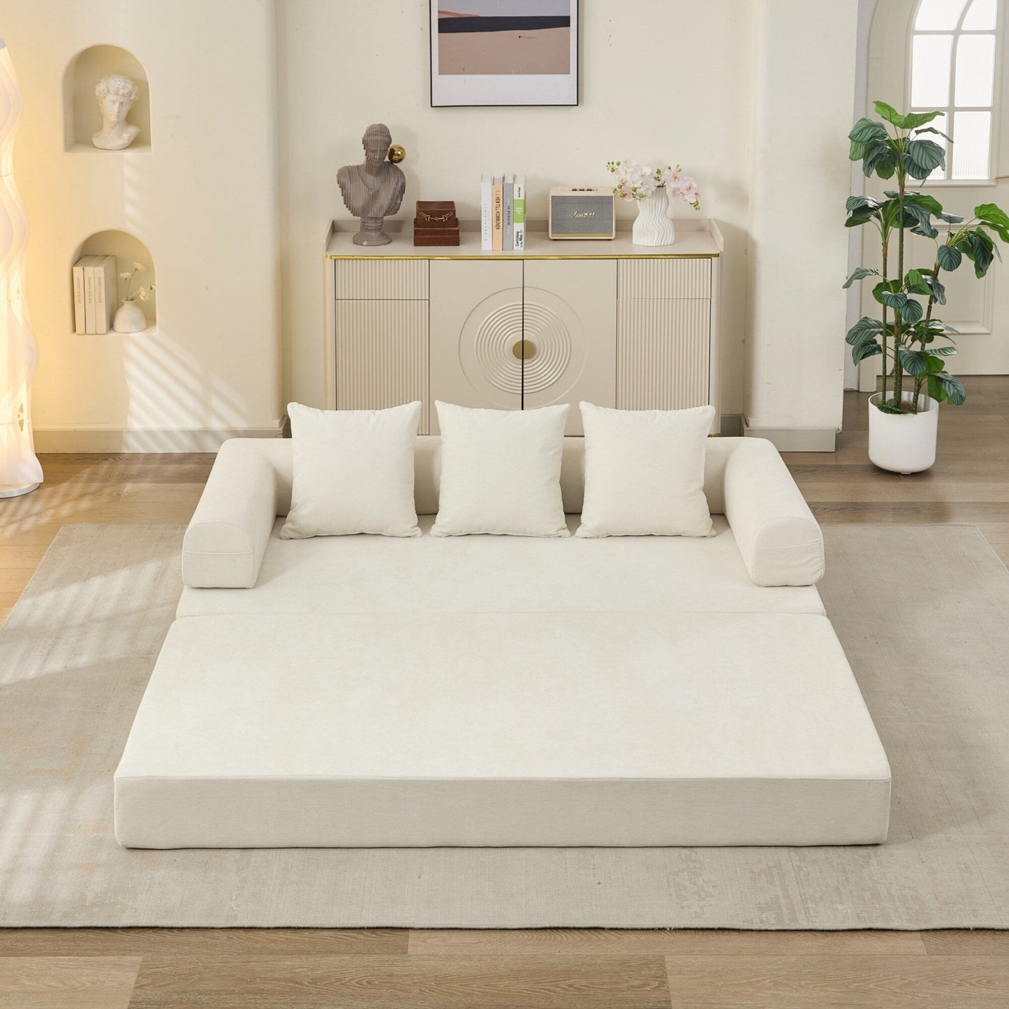 Divano letto pieghevole e trasformabile, comodo divano letto da terra, divano da terra in ciniglia con braccioli, divano da terra