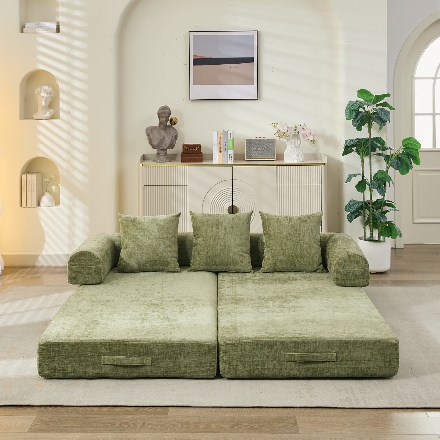 Divano letto pieghevole e trasformabile, comodo divano letto da terra, divano da terra in ciniglia con braccioli, divano da terra