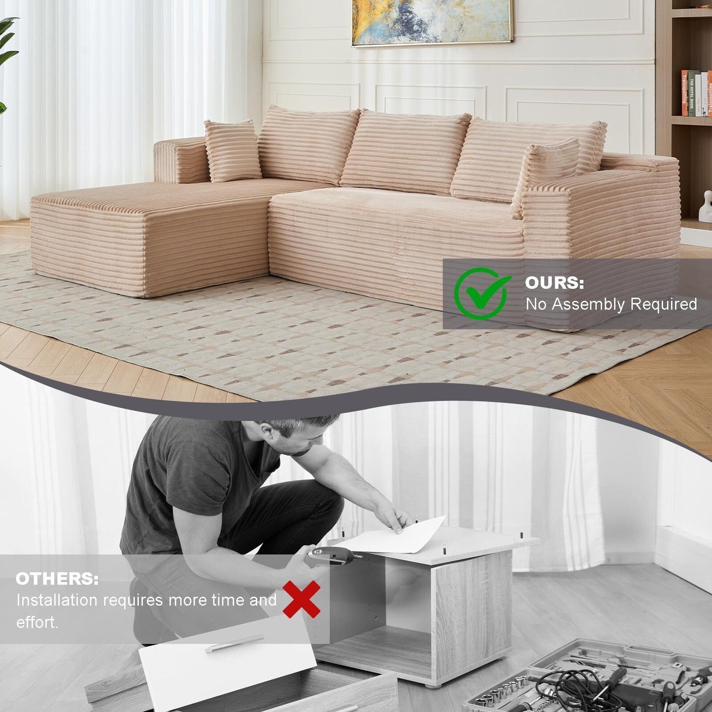 Divano componibile a compressione con chaise longue a forma di L, divano letto modulare con seduta profonda per soggiorno, camera da letto, velluto a coste