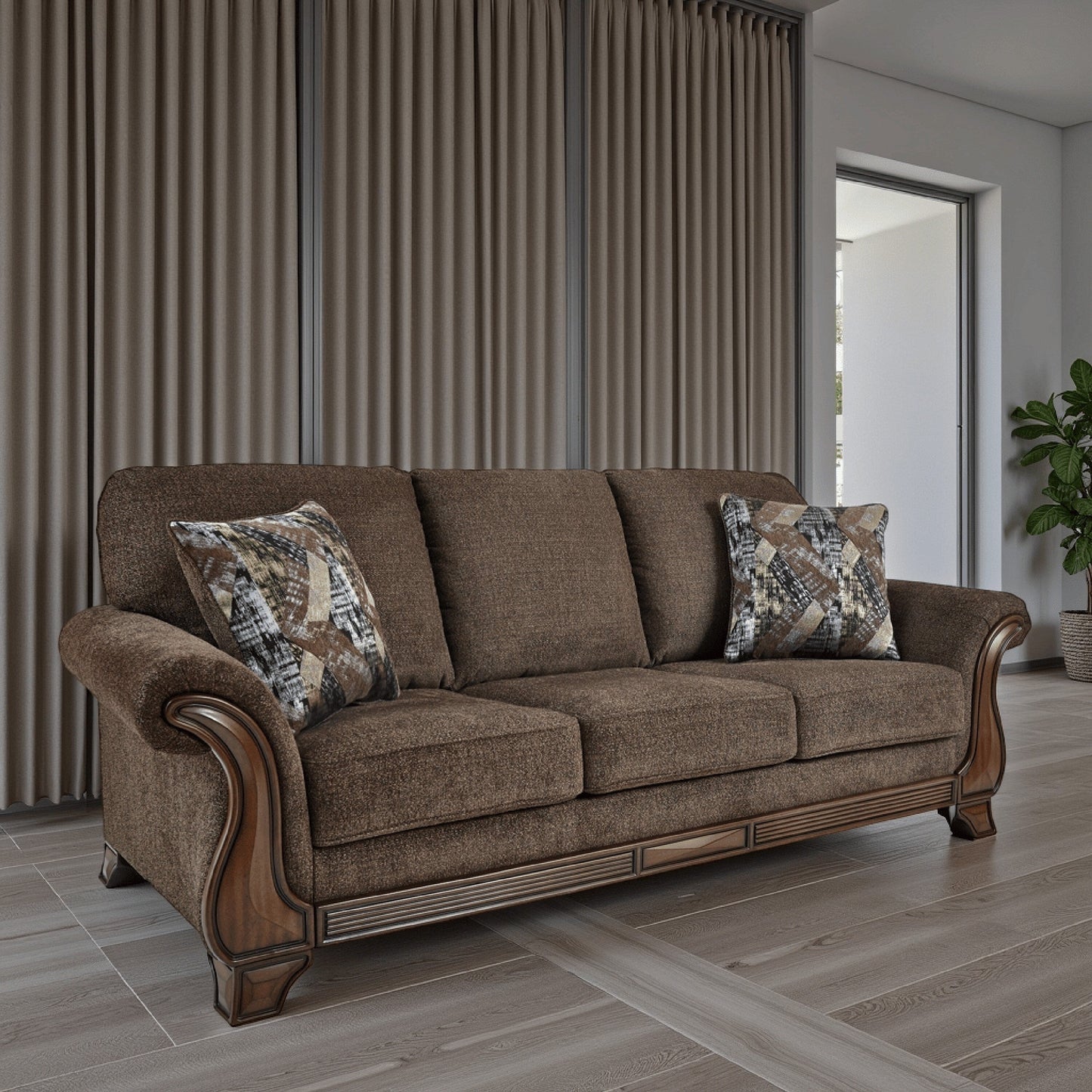 Divano Conner, poliestere marrone, dettagli in legno a vista, 2 cuscini, 93 pollici