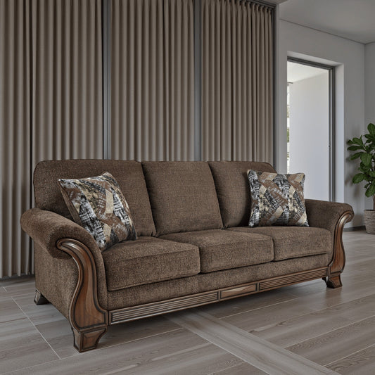 Divano Conner, poliestere marrone, dettagli in legno a vista, 2 cuscini, 93 pollici