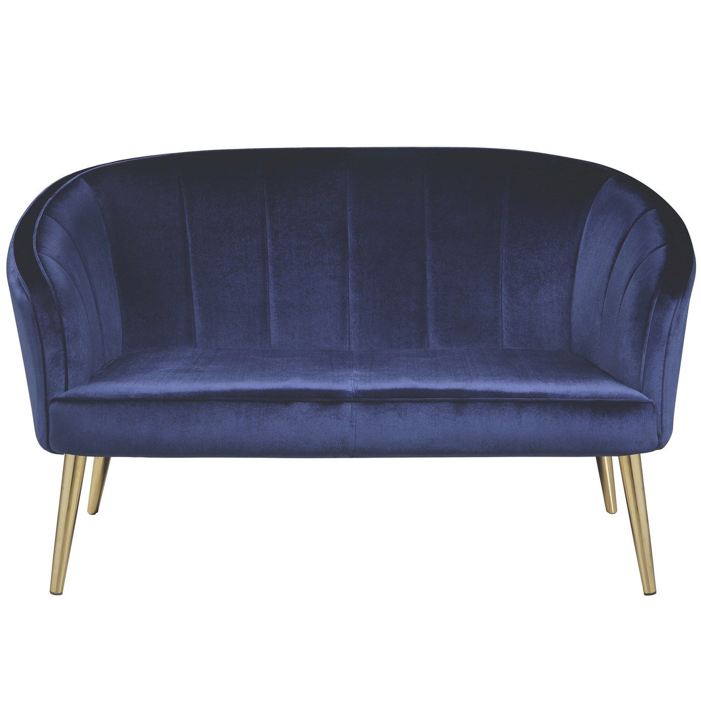 Divano contemporaneo per soggiorno in velluto blu e gambe in ottone