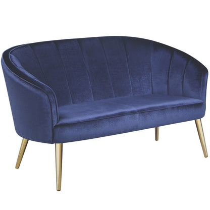 Divano contemporaneo per soggiorno in velluto blu e gambe in ottone