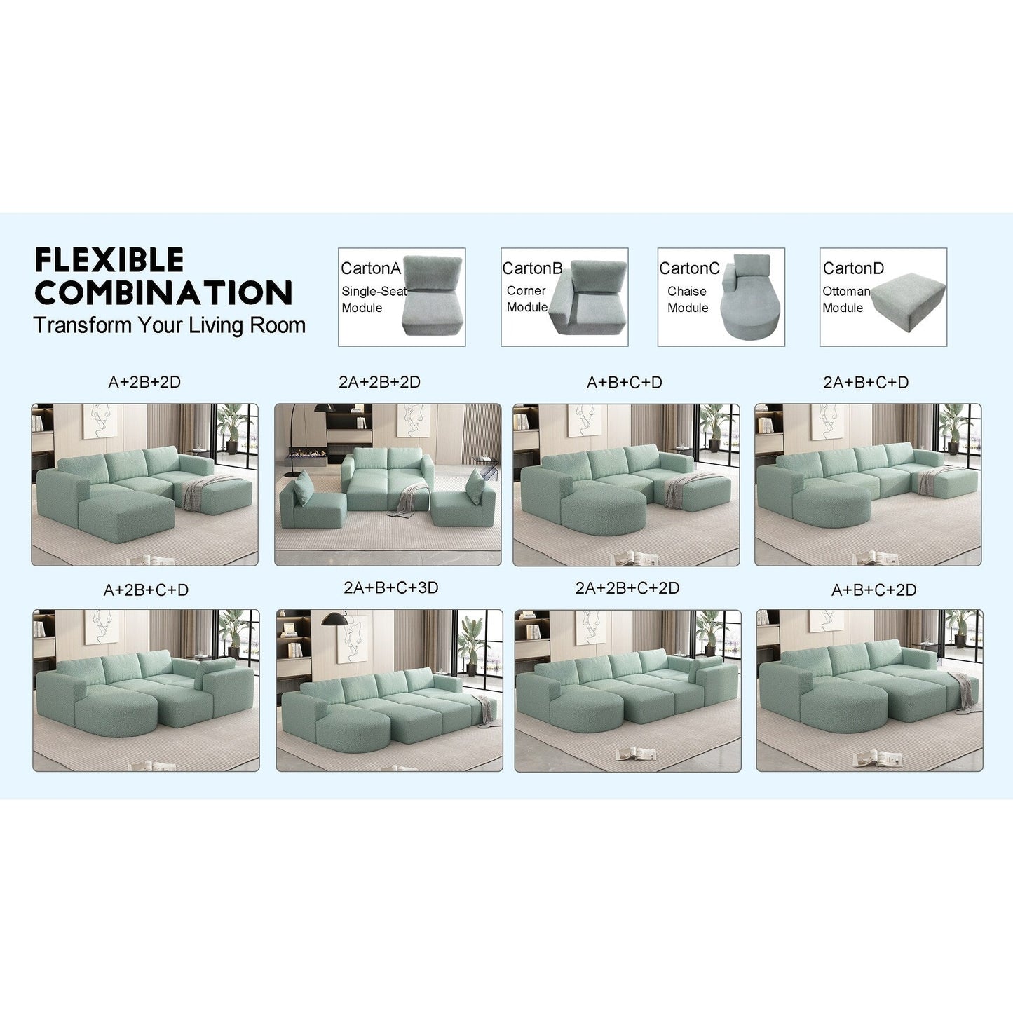 Divano componibile modulare a forma di U convertibile 104,32*70,86 con chaise longue, pouf e spugna compressa per soggiorno