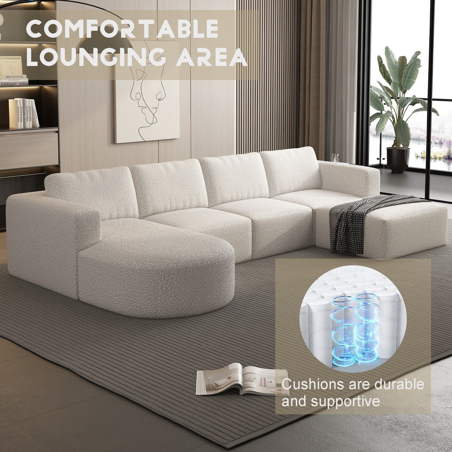 Divano componibile modulare a forma di U convertibile 104,32*70,86 con chaise longue, pouf e spugna compressa per soggiorno