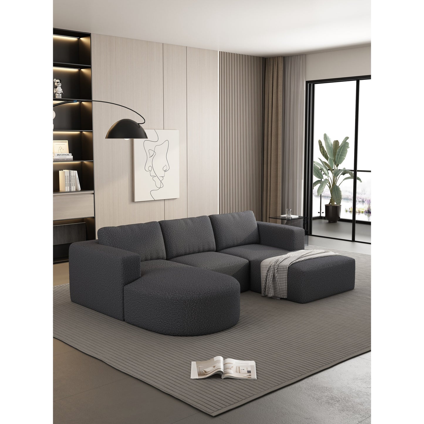 Divano componibile modulare a forma di U convertibile 104,32*70,86 con chaise longue, pouf e spugna compressa per soggiorno