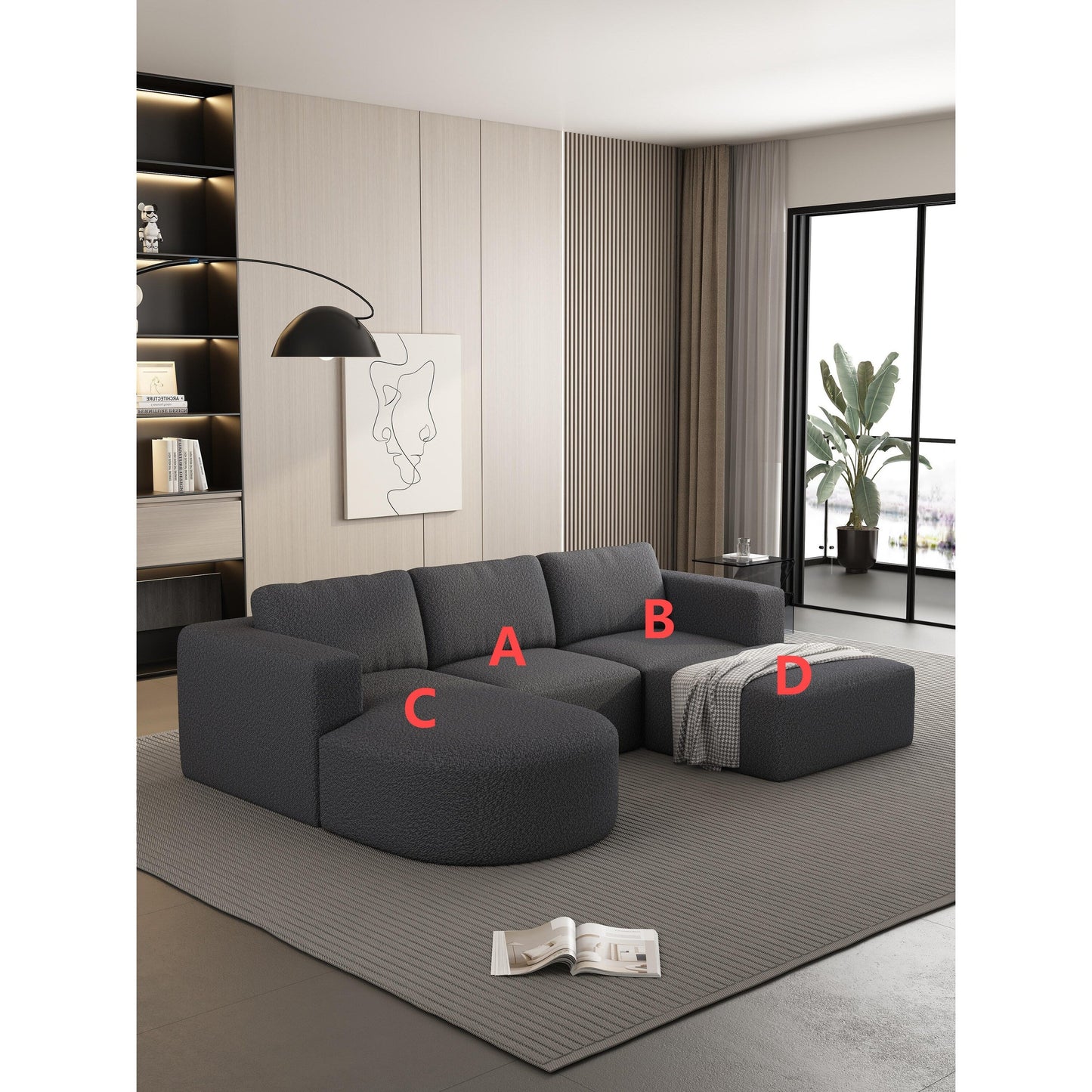 Divano componibile modulare a forma di U convertibile 104,32*70,86 con chaise longue, pouf e spugna compressa per soggiorno