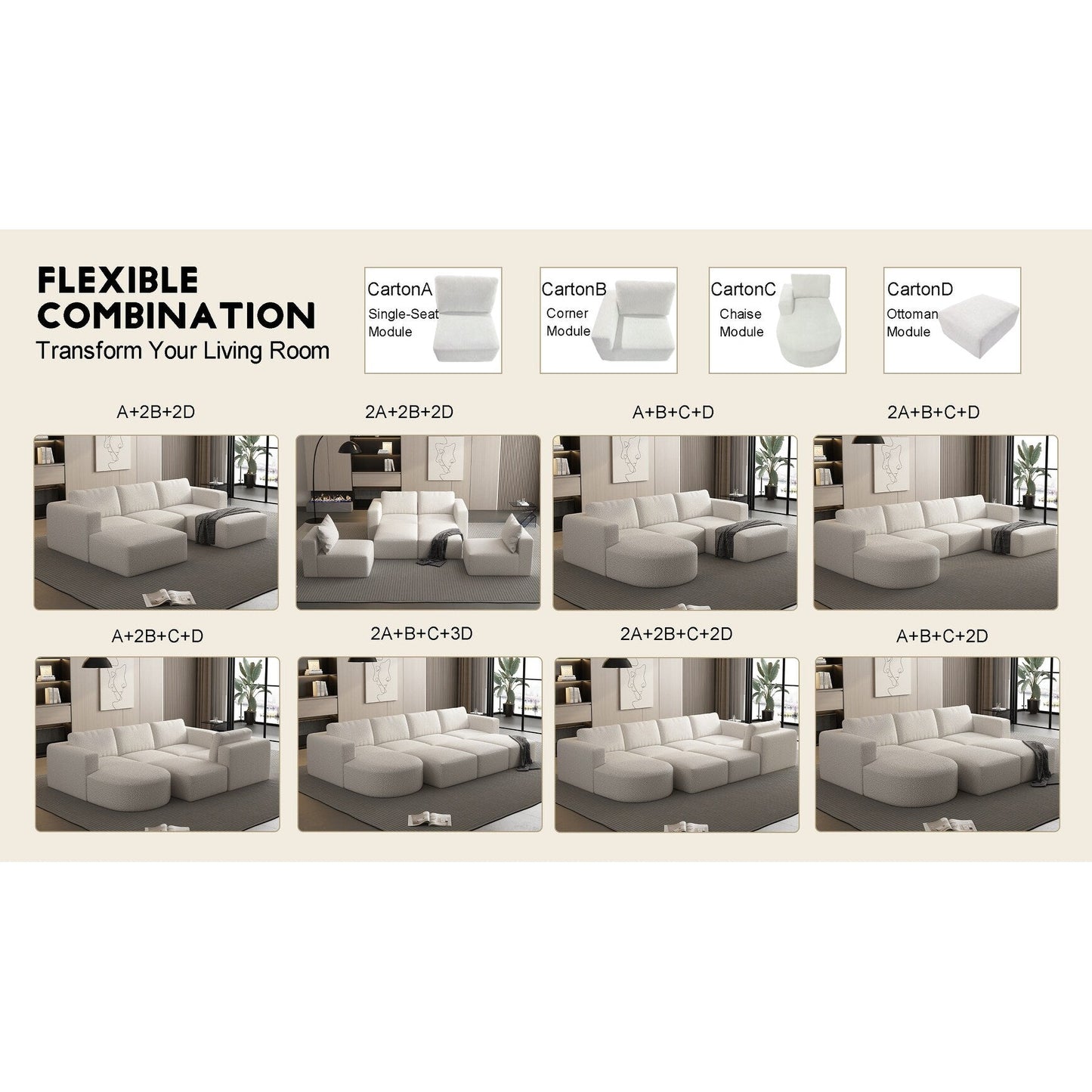 Divano componibile modulare a forma di U convertibile 104,32*70,86 con chaise longue, pouf e spugna compressa per soggiorno