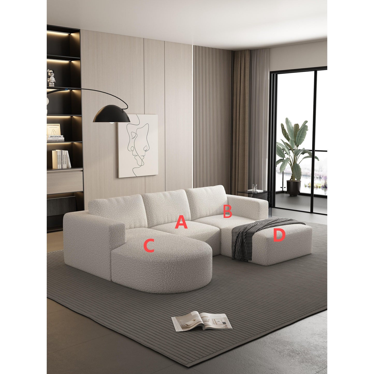 Divano componibile modulare a forma di U convertibile 104,32*70,86 con chaise longue, pouf e spugna compressa per soggiorno