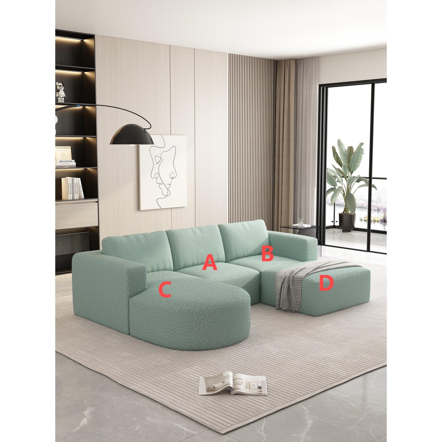 Divano componibile modulare a forma di U convertibile 104,32*70,86 con chaise longue, pouf e spugna compressa per soggiorno