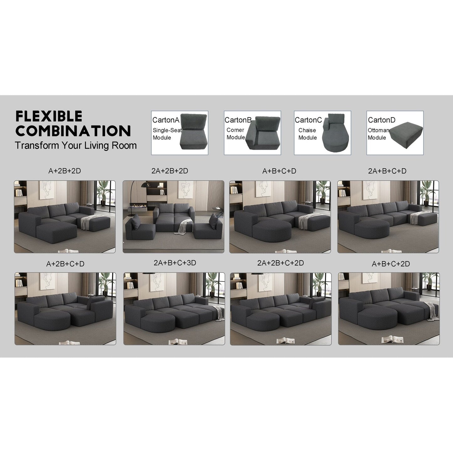 Divano componibile modulare a forma di U convertibile 104,32*70,86 con chaise longue, pouf e spugna compressa per soggiorno