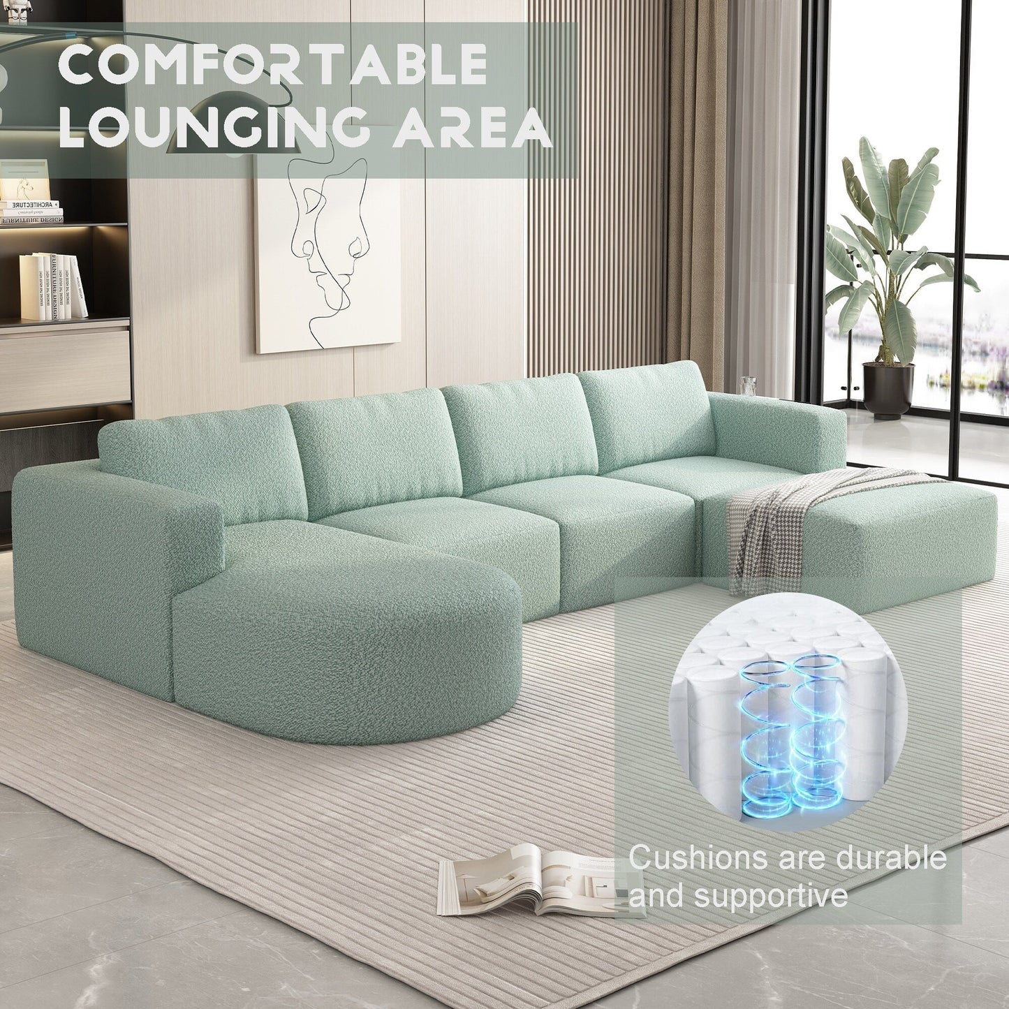 Divano componibile modulare a forma di U convertibile 104,32*70,86 con chaise longue, pouf e spugna compressa per soggiorno
