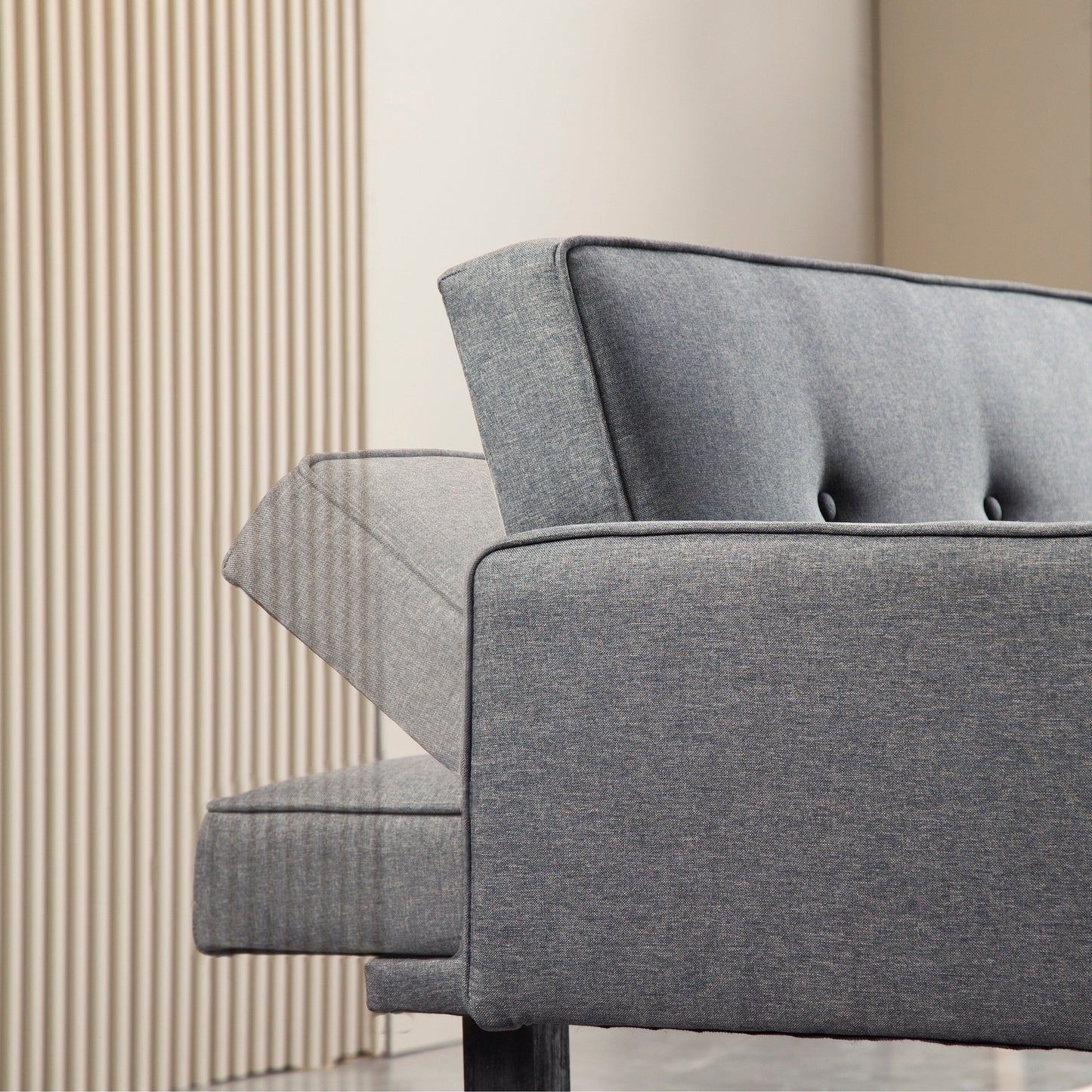 Divano letto futon trasformabile a 3 posti con gambe in legno