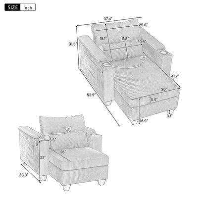 Divano letto trasformabile in chaise longue da 37,4 pollici, in velluto a coste, con porte USB e due portabicchieri.