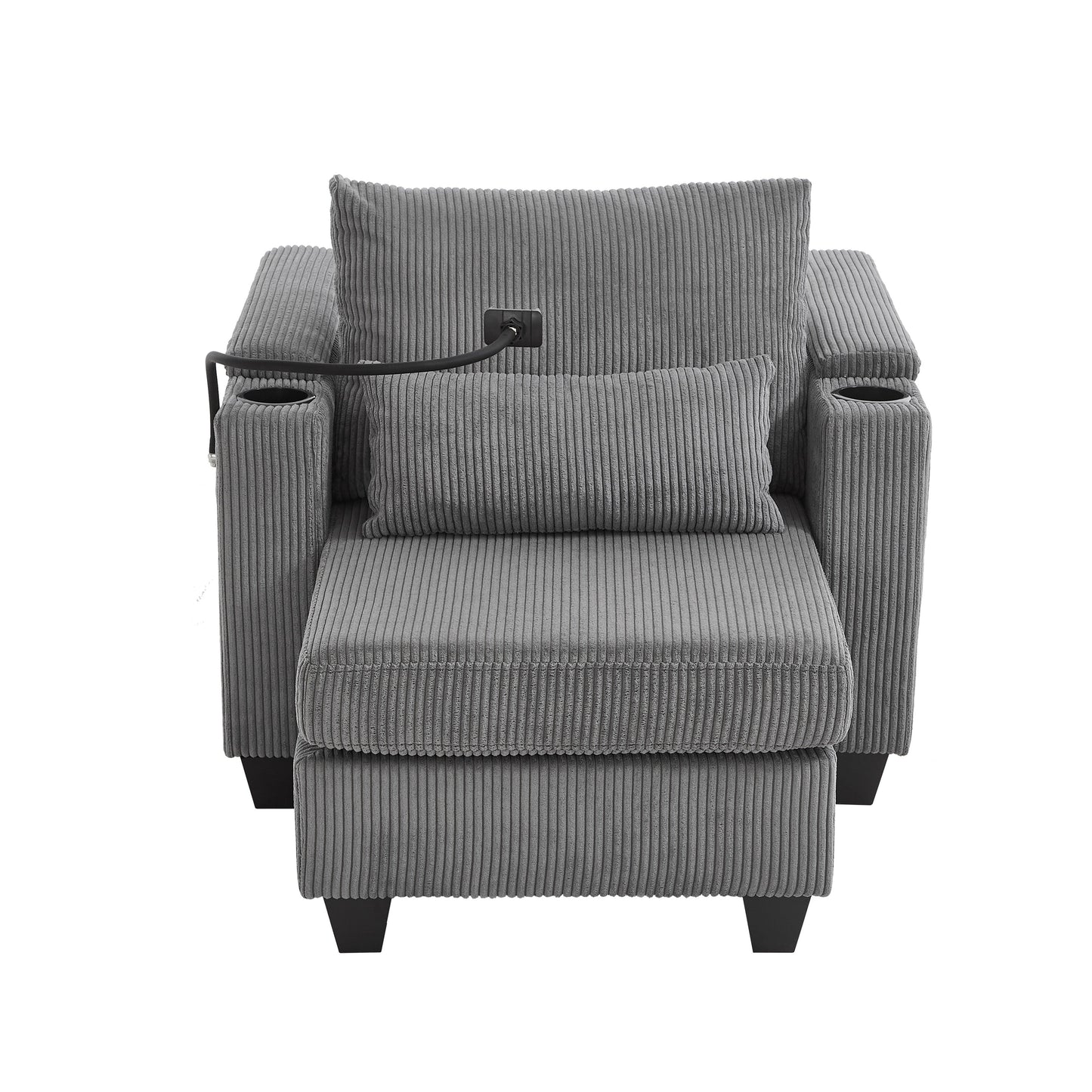 Divano letto trasformabile in chaise longue da 37,4 pollici, in velluto a coste, con porte USB e due portabicchieri.