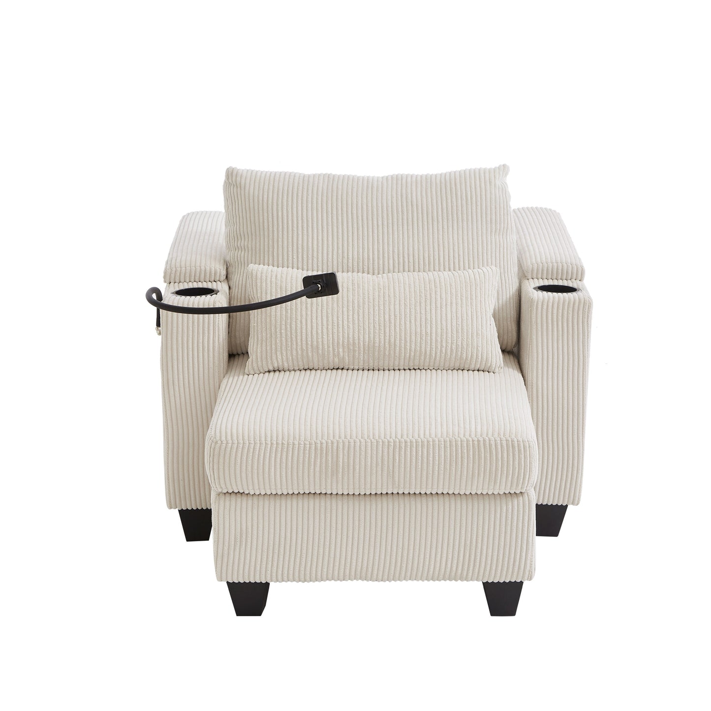 Divano letto trasformabile in chaise longue da 37,4 pollici, in velluto a coste, con porte USB e due portabicchieri.