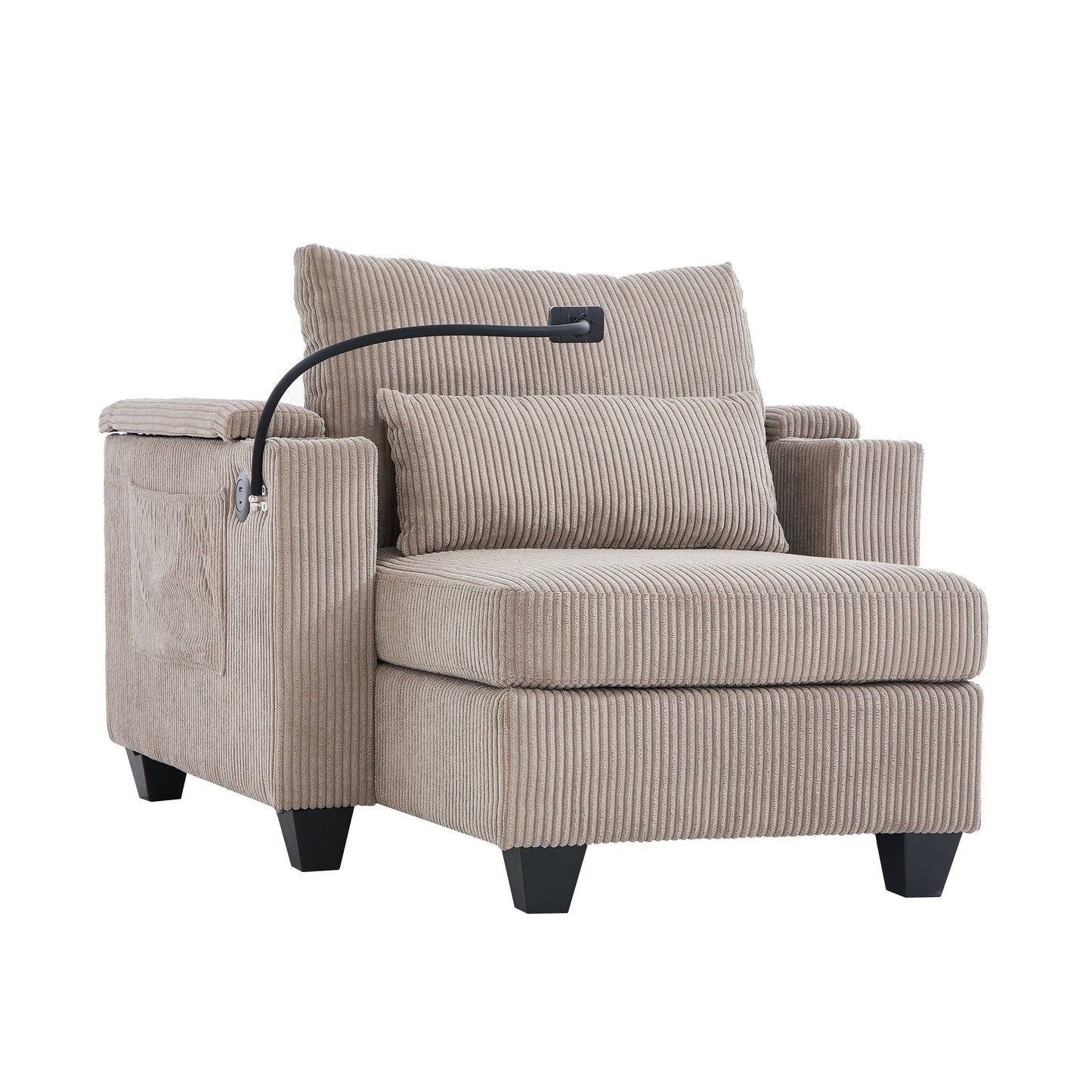 Divano letto trasformabile in chaise longue da 37,4 pollici, in velluto a coste, con porte USB e due portabicchieri.