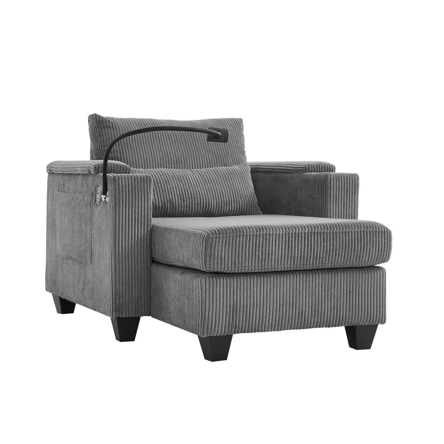 Divano letto trasformabile in chaise longue da 37,4 pollici, in velluto a coste, con porte USB e due portabicchieri.